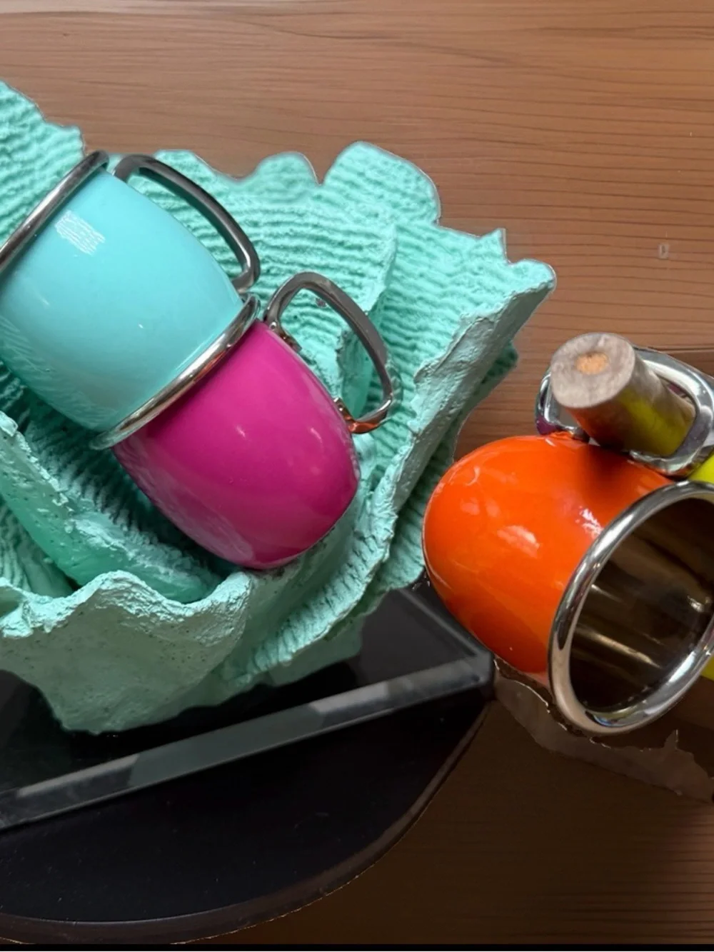 Vintage Pier 1 Bright Enamel Espresso Cups Set - Yellow, Orange, Pink, Aqua